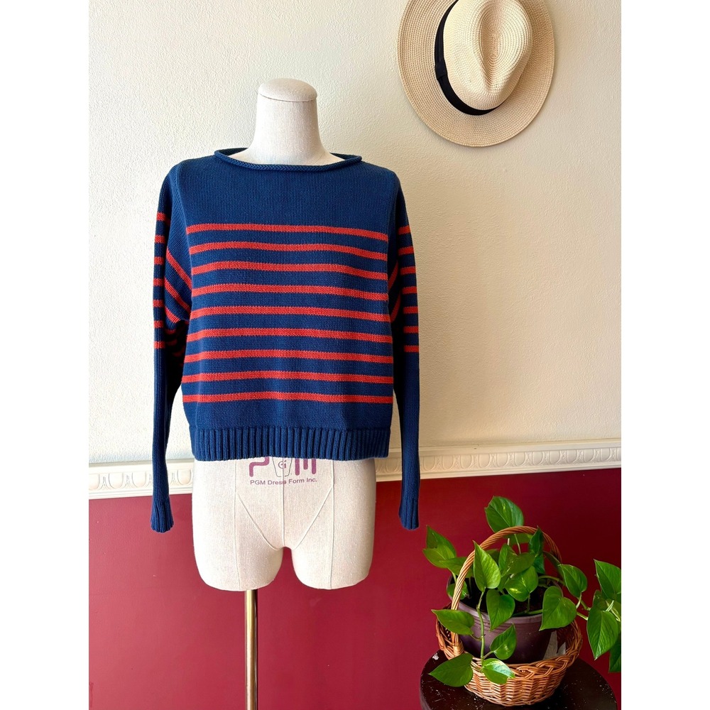 Madewell Roll Neck Pullover Crop Sweater Size XS Cotton Navy Red Stripe Relaxed